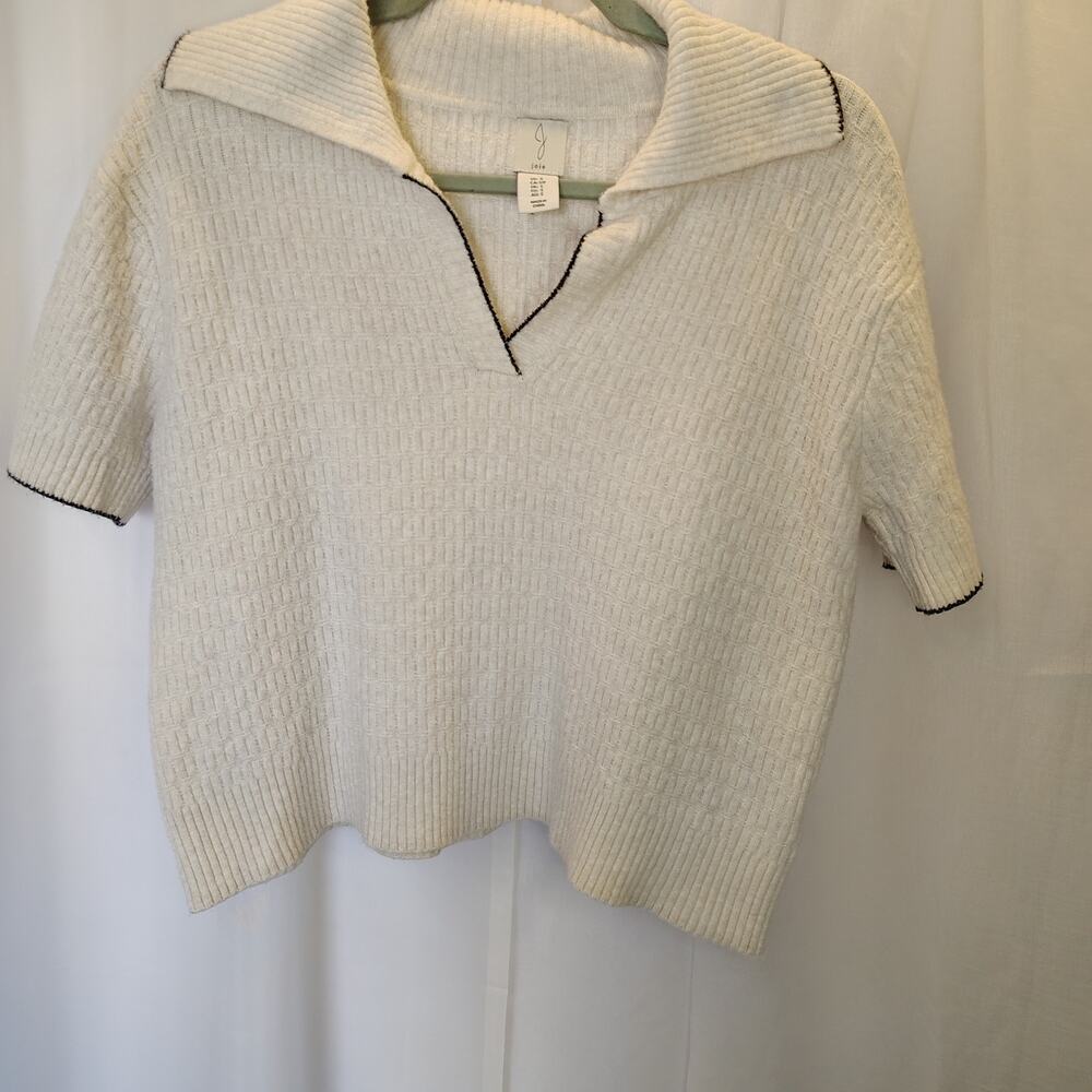 Joie Women’s Small Ivory Knit Polo Sweater Top Contrast Trim Short Sleeve